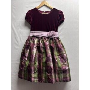 Bonnie Jean Girls 14 1/2 Velvet Top Burgundy Pink Plaid Dress Flowers Holiday